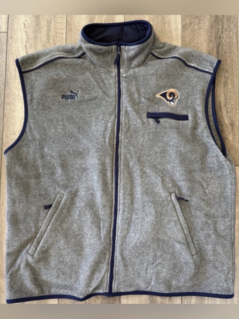 PUMA Los Angeles LA Rams Logo NFL Full Zip Fleece Vest Mens 2XL Gray Embroidered